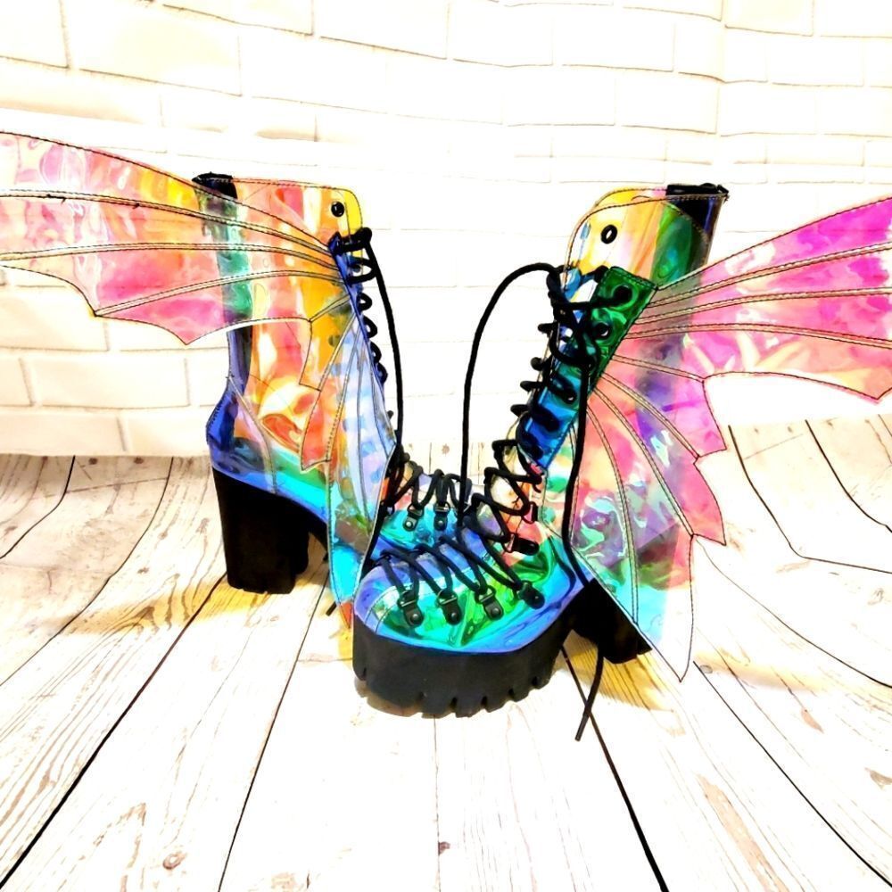 Holographic Fairy Wing Platform Boots - Iridescent Pink & Green